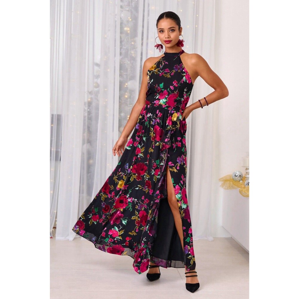 Boston Proper Dress Womens 12   Print High Neck Floral Ruffle Burnout Gown